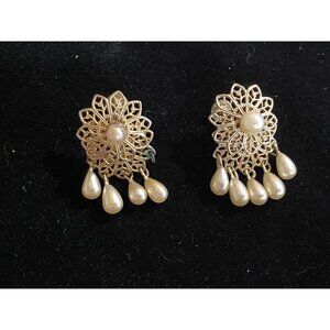 Vintage Gold-Tone Filigree Clip-On Earrings With Faux Pearl Drops